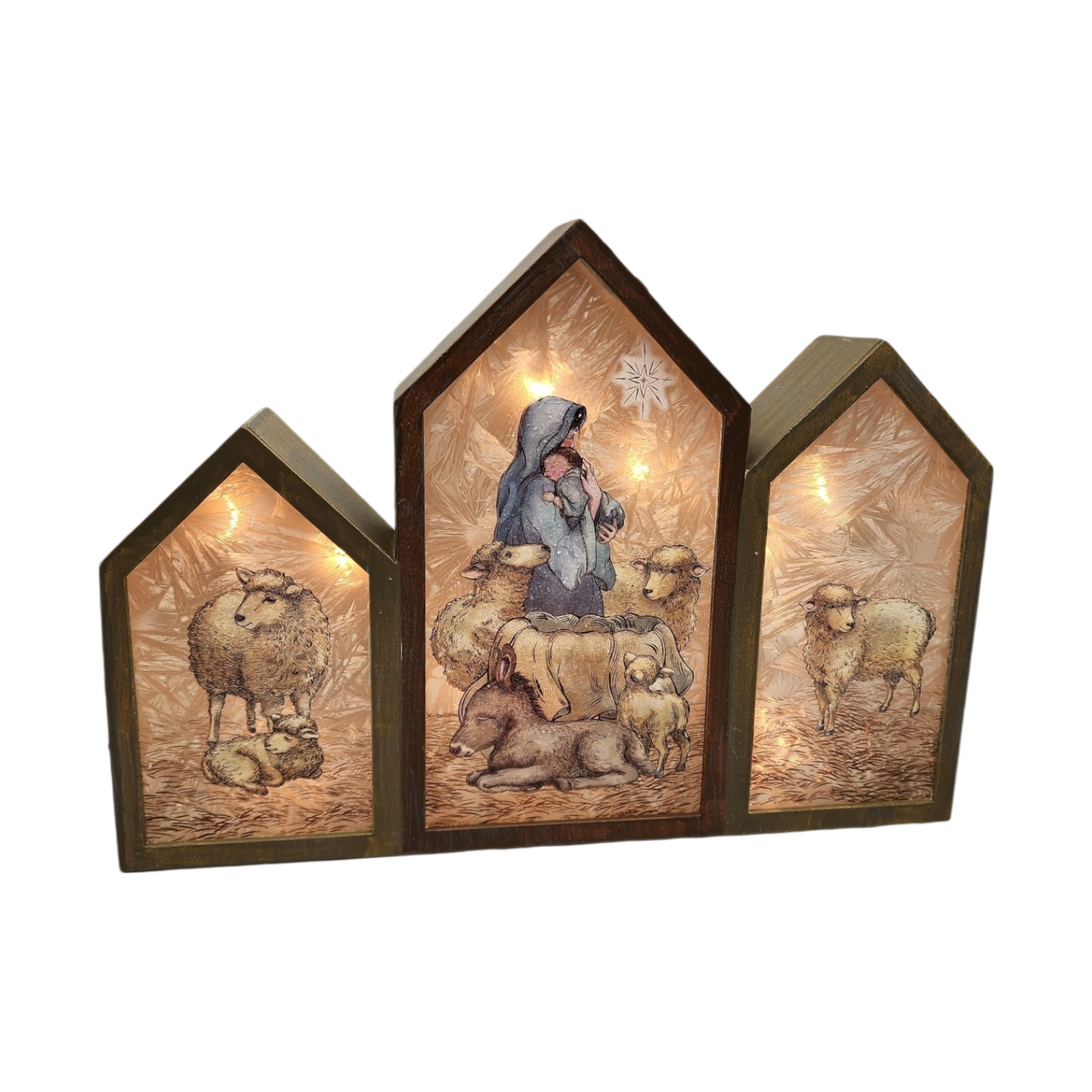 Three-panel blue Madonna and Child nativity lamp with sheep by The Country Christmas Loft on Tampa Home & Garden Store