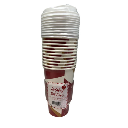 Holiday Hot Cups set with red striped sleeves, disposable 16 oz, includes 12 lids & 12 sleeves on Tampa Home & Garden Store