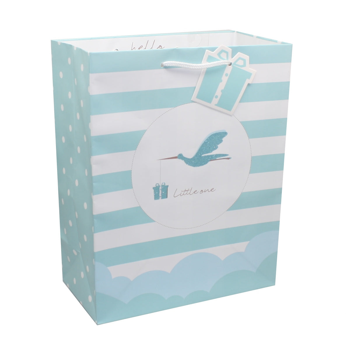 Blue and White Stork Baby Gift Bag With Tag, blue striped bag with dotted side on Tampa Home & Garden Store