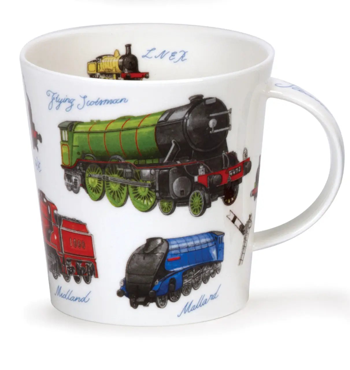 Dunoon Cairngorm bone china mug with colorful vintage trains in green red and blue on Tampa Home & Garden Store