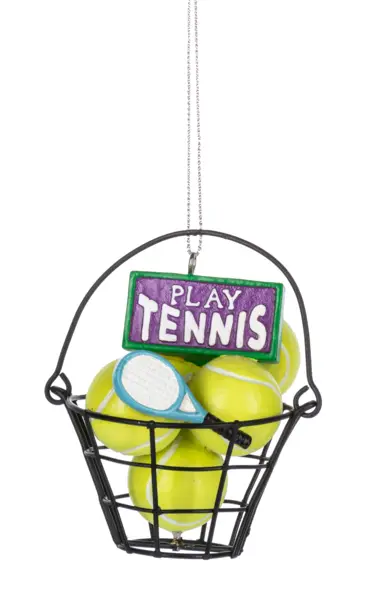 Tennis Ball in Bucket Ornament with Play Tennis sign; yellow balls in a black wire bucket on Tampa Home & Garden Store
