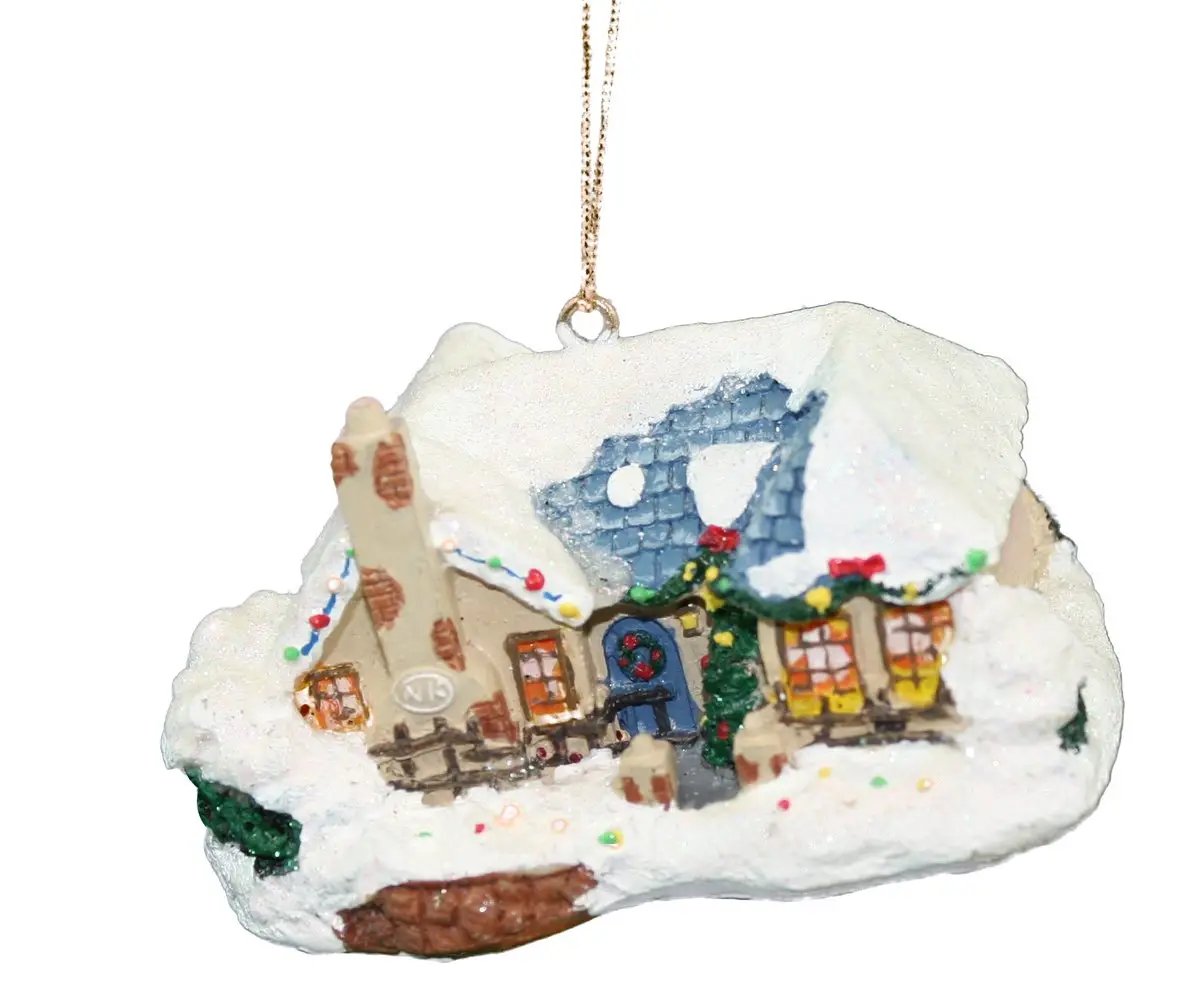 Kinkade Winter House ornament snow-covered cottage with blue roof, chimney and colorful windows on Tampa Home & Garden Store