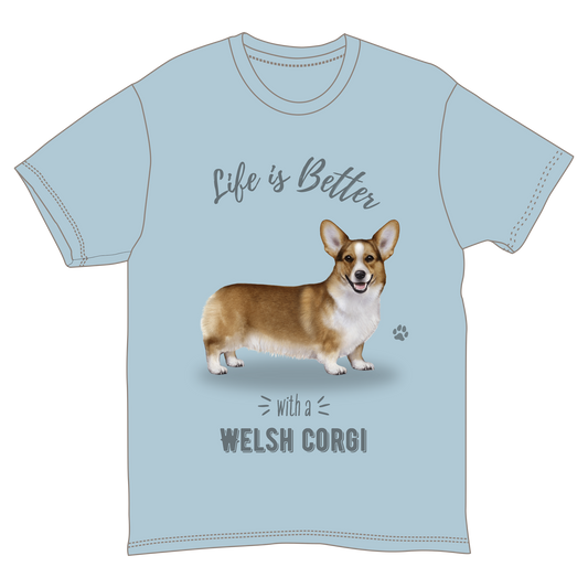 Life Is Better with a Welsh Corgi T-Shirt, light blue, The Country Christmas Loft brand on Tampa Home & Garden Store