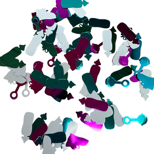 Infant Mix Confetti Baby Shower Decor with teal, magenta, and white baby bottle and rattle shapes on Tampa Home & Garden Store