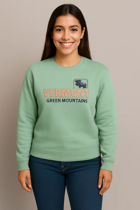Vermont Cornered Moose Sweatshirt mint green with moose emblem and Green Mountains text on Tampa Home & Garden Store