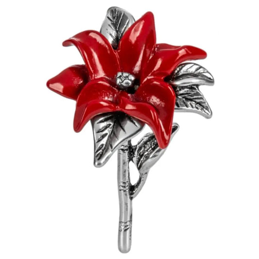 Poinsettia pocket charm jewelry with red enamel petals and silver-tone stem on Tampa Home & Garden Store