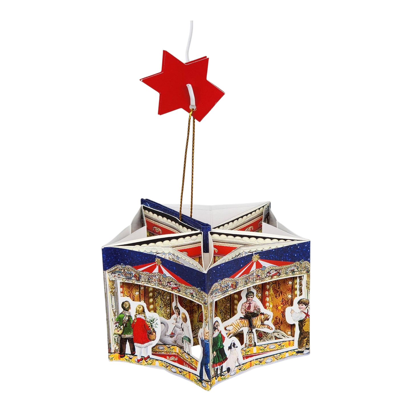 Popup Mini Book Ornament Frohe Weihnacht red star with open illustrated pages on Tampa Home & Garden Store