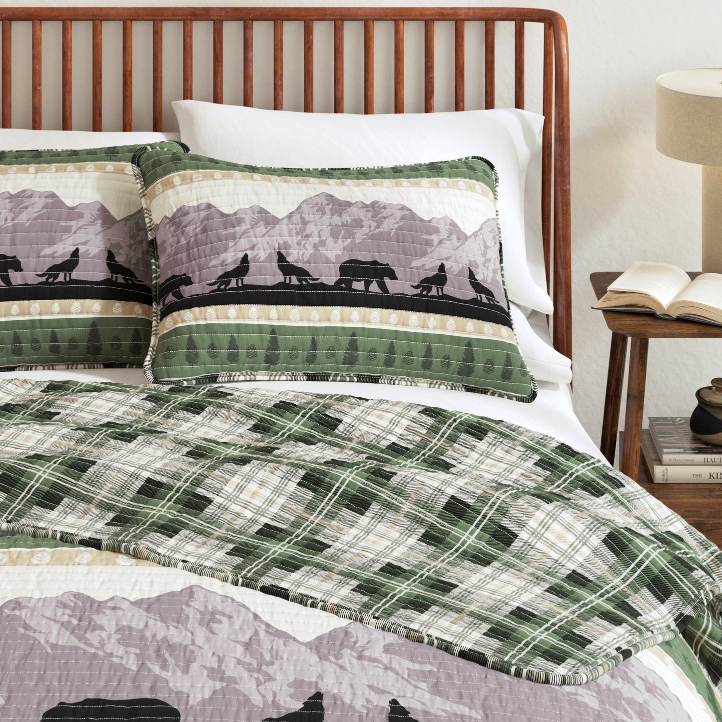Lodge Plaid Quilt With Bear And Mountain Scene