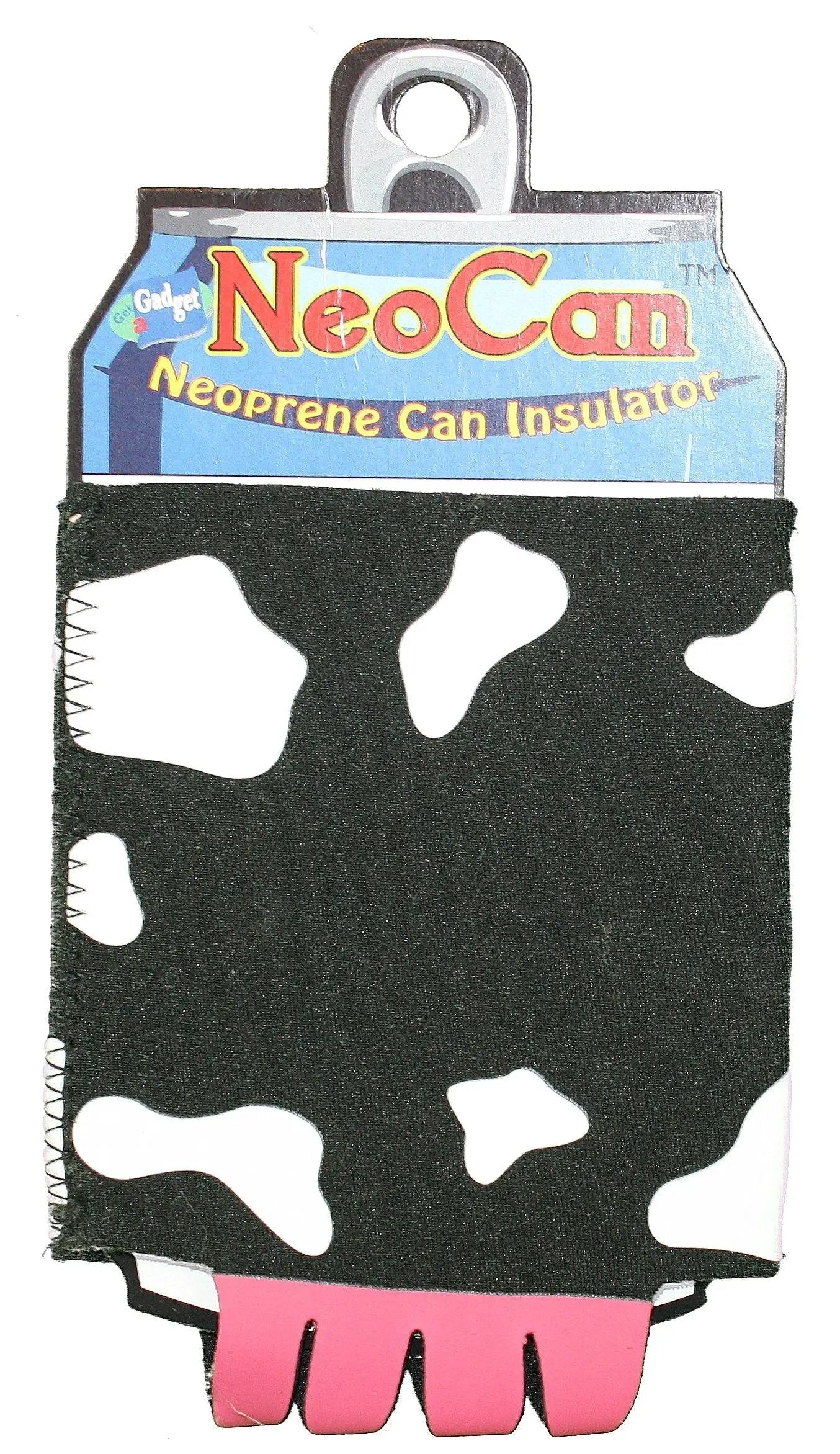 Cow udder neoprene can koozie for standard cans with black cow-print fabric and pink bottom on Tampa Home & Garden Store