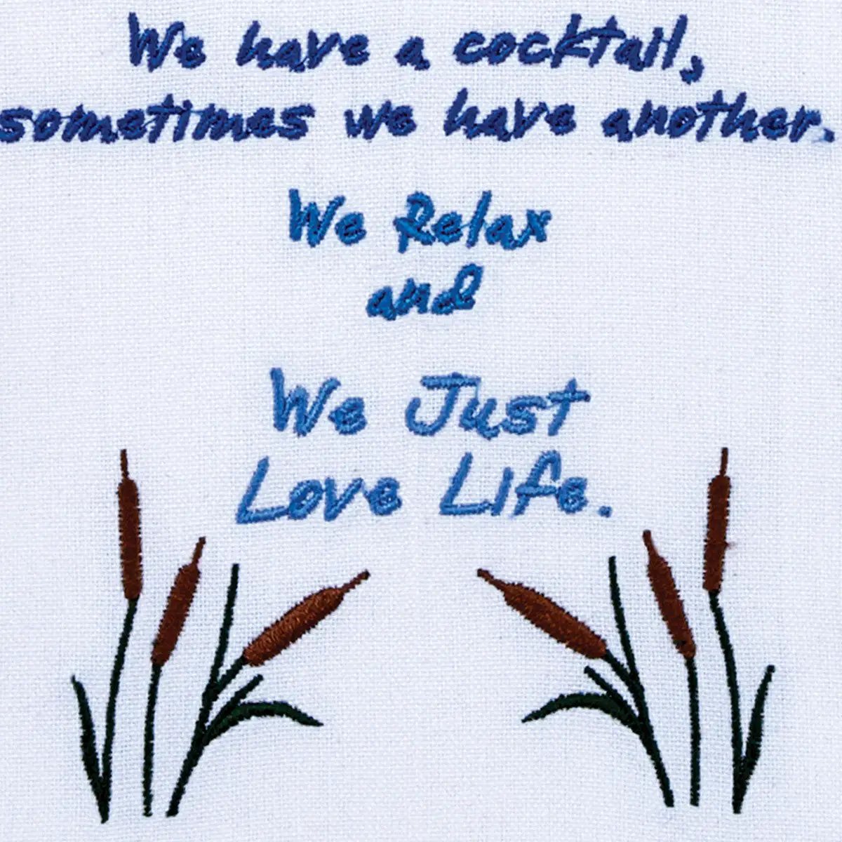 At Lake Embroidered Dish Towel Park Designs with blue script and cattail motif on white linen on Tampa Home & Garden Store