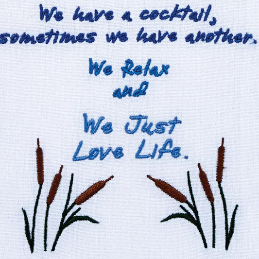 At Lake Embroidered Dish Towel Park Designs with blue script and cattail motif on white linen on Tampa Home & Garden Store