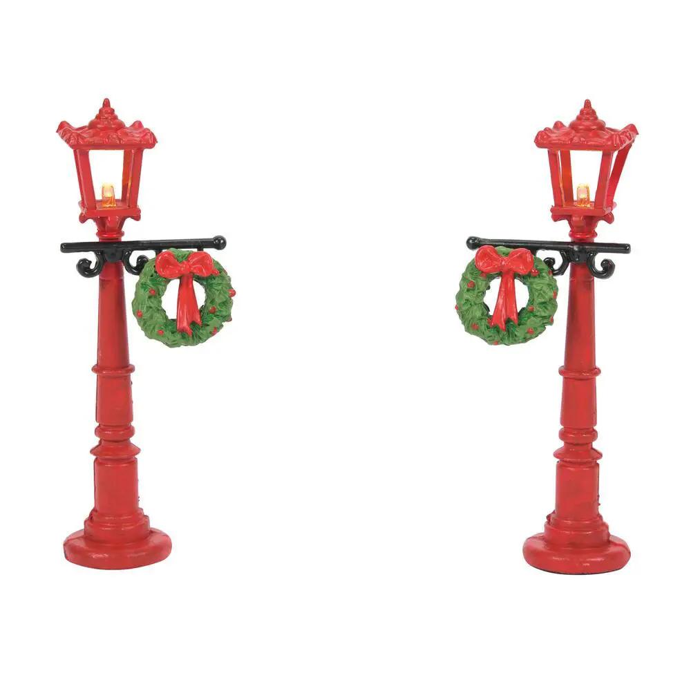 Red street lamps with wreaths set of 2, village decor by The Country Christmas Loft on Tampa Home & Garden Store
