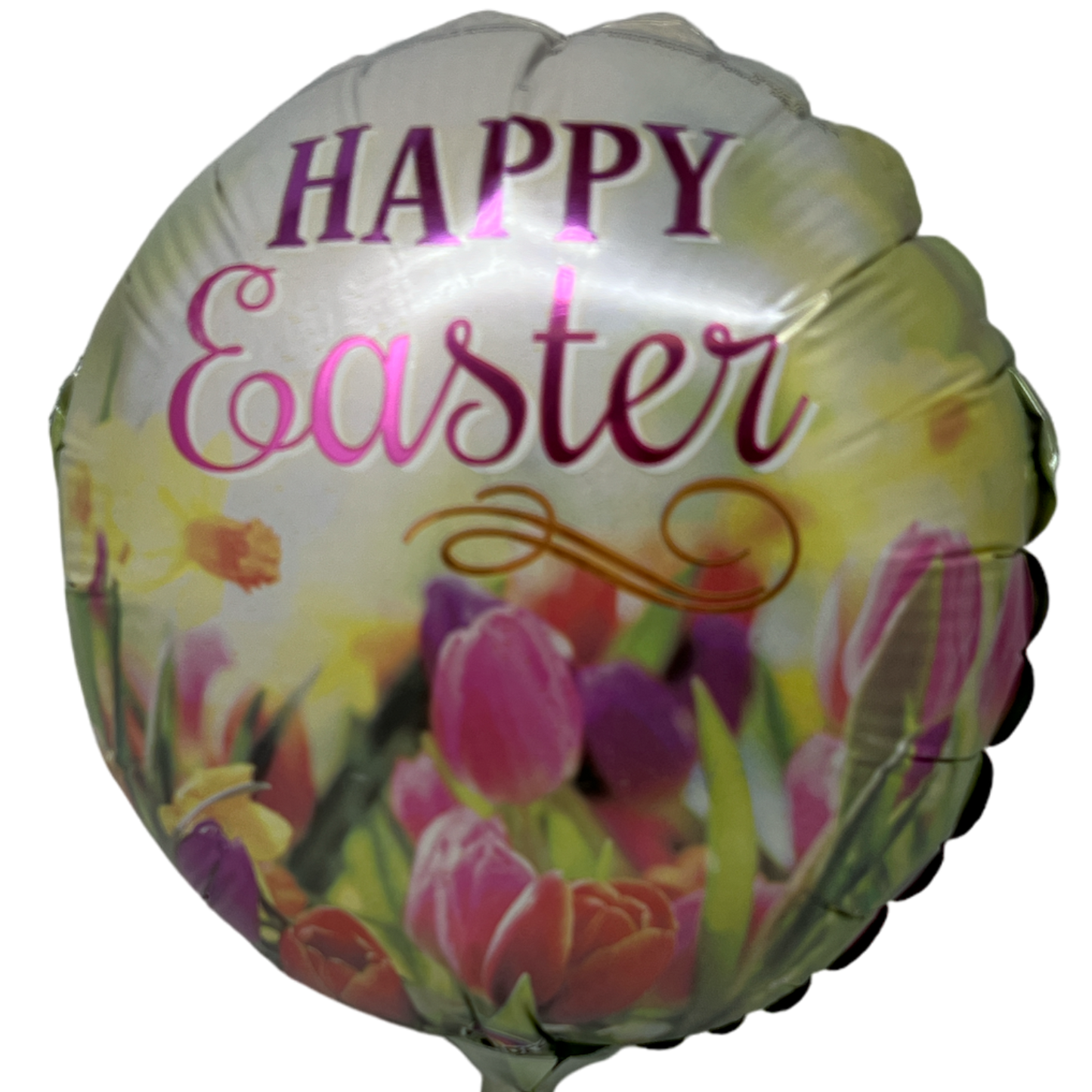 Easter Pre-Inflated Happy Easter Tulips Balloon round foil with pink script tulips on Tampa Home & Garden Store