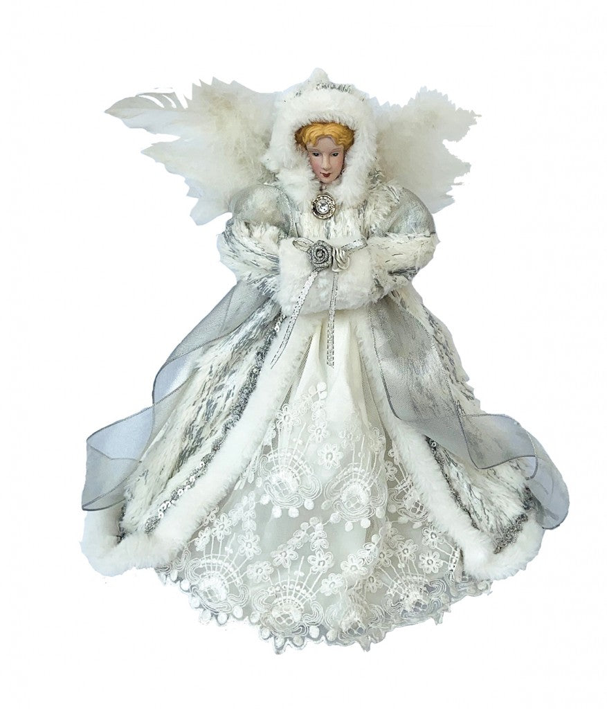 Russian Snow Angel Tree Topper 13in by Country Christmas Loft, lace gown with fur trim on Tampa Home & Garden Store