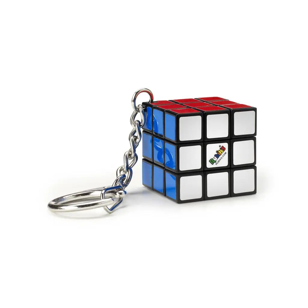 Rubik's Cube Keychain 3x3 mini puzzle with red top and blue sides, metal chain on Tampa Home & Garden Store