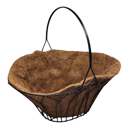 Oval Black Metal Wire Handle Basket with Coco Mat Liner - 15-Inch Long - Tampa Home & Garden Store