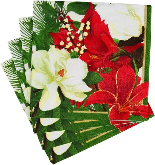 Christmas Garden Cocktail Napkins Set, red and white floral, 4-pack Country Christmas Loft on Tampa Home & Garden Store