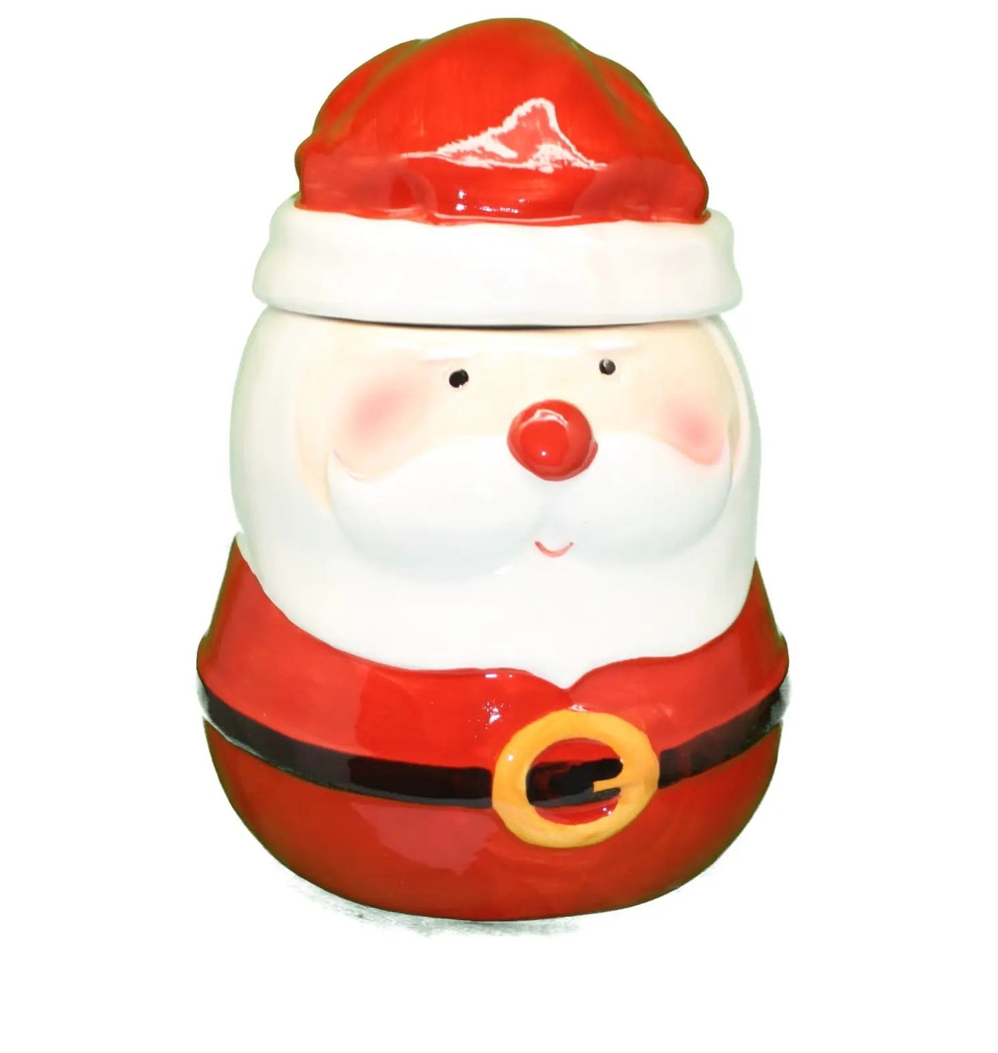 Hand painted ceramic Santa cookie jar with red suit, white beard, gold belt buckle on Tampa Home & Garden Store