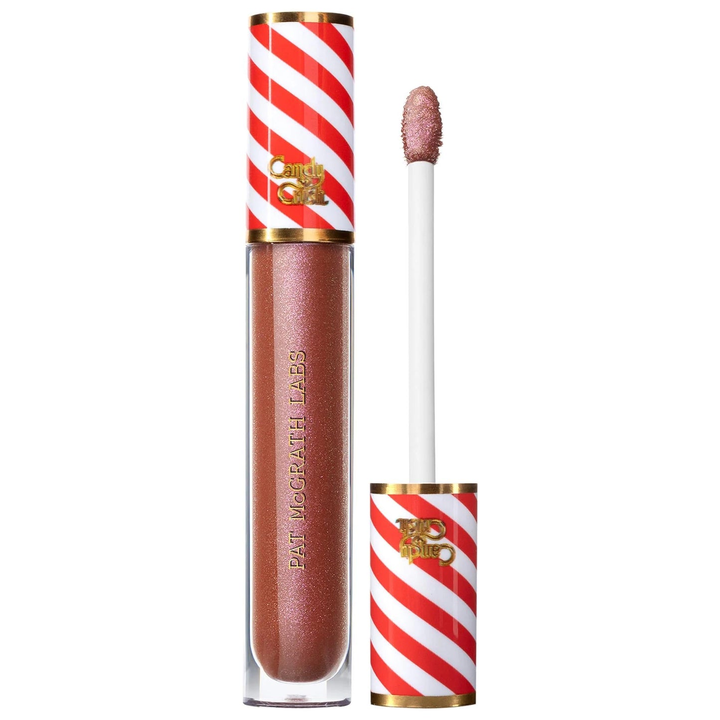 Lip gloss tube with pink shimmer, clear base, candy cane striped cap and gold trim on Tampa Home & Garden Store