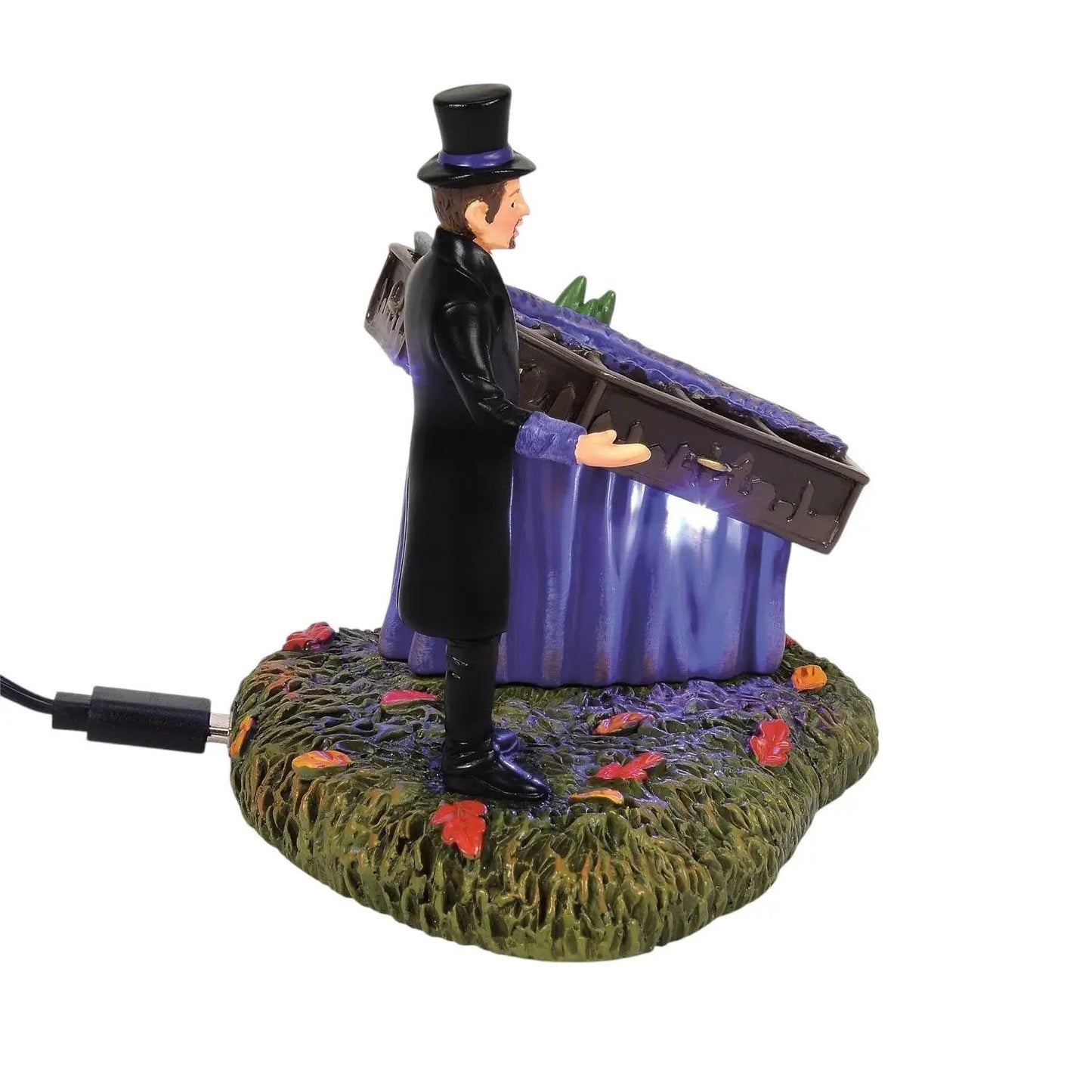 Richard Puckett Haunted Collection Lighted Figure with purple-draped coffin on mossy base on Tampa Home & Garden Store