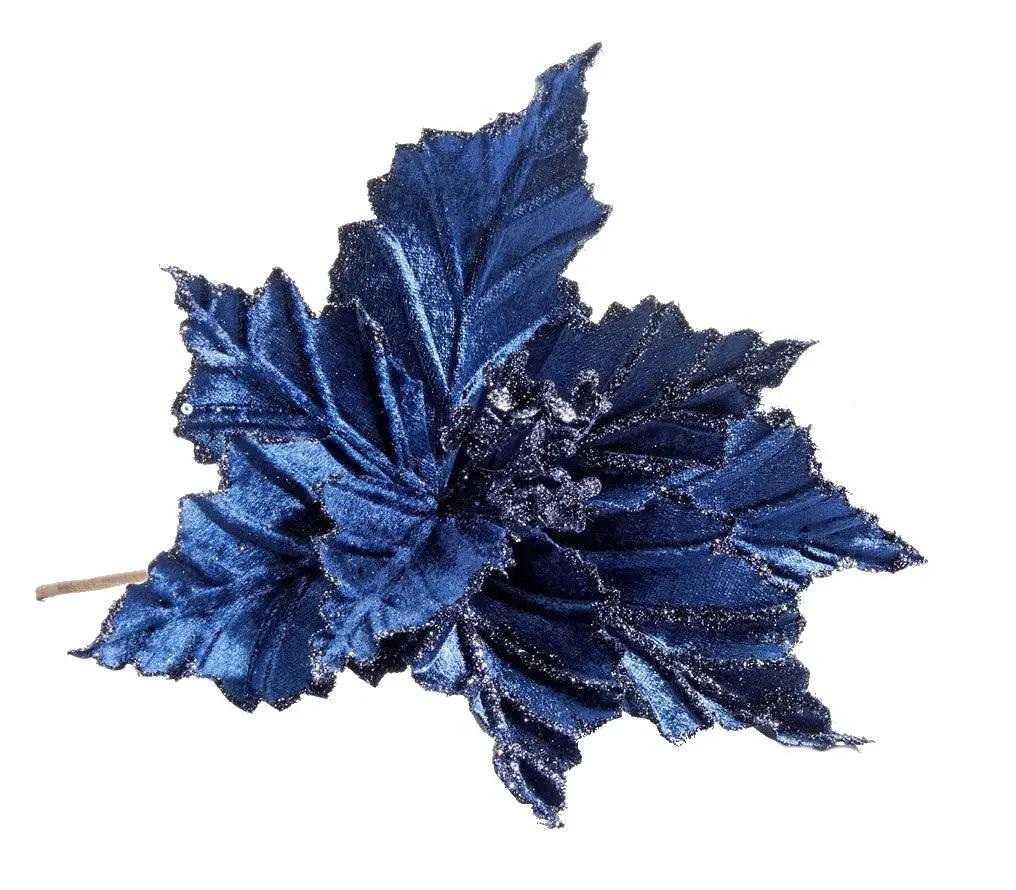 Blue Poinsettia Floral Pick with Glitter, 12 inch artificial Christmas flower on Tampa Home & Garden Store