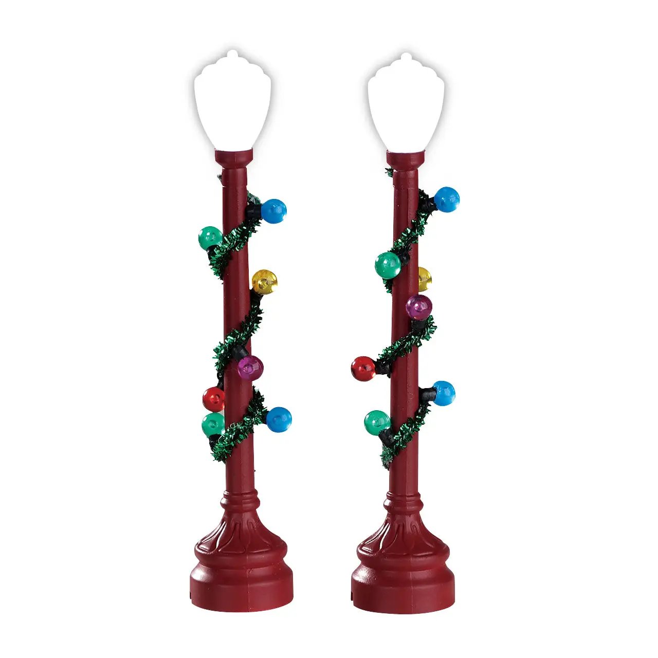 Red Globe Street Lamps set of 2 with garland-wrapped posts and colorful globe bulbs battery operated on Tampa Home & Garden Store