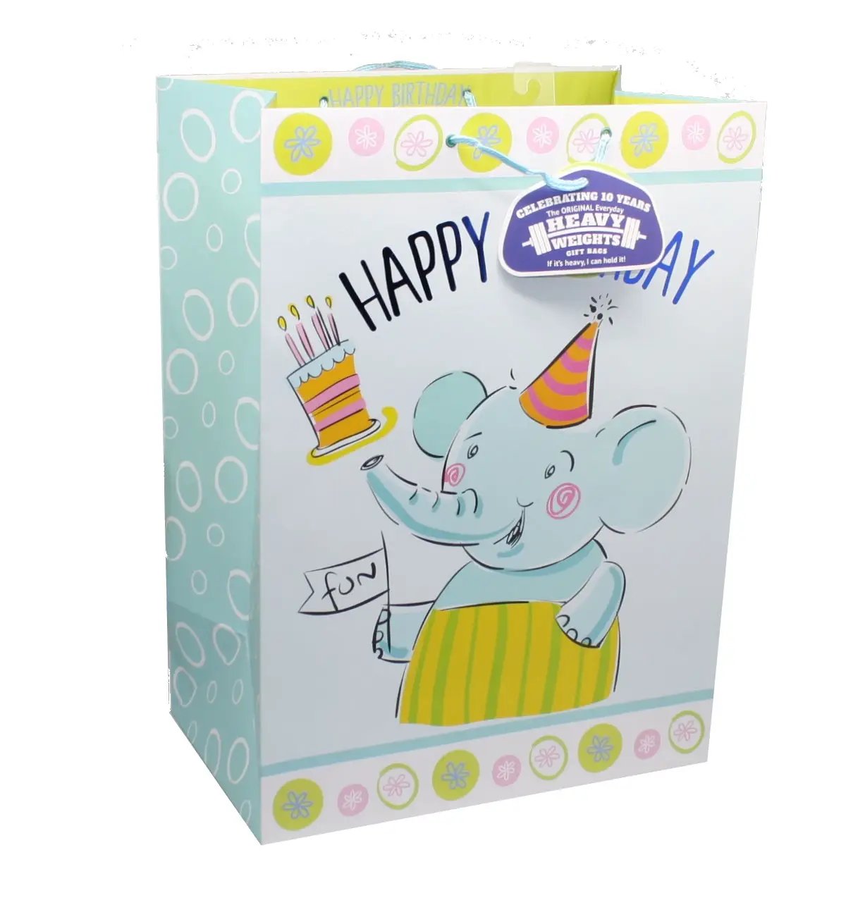 Mega Jumbo Fun Elephant Birthday Gift Bag, pastel teal elephant with party hat and cake on Tampa Home & Garden Store