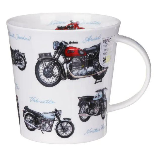 Cairngorm shape mug by Dunoon with vintage motorcycle illustrations in multiple colors on Tampa Home & Garden Store