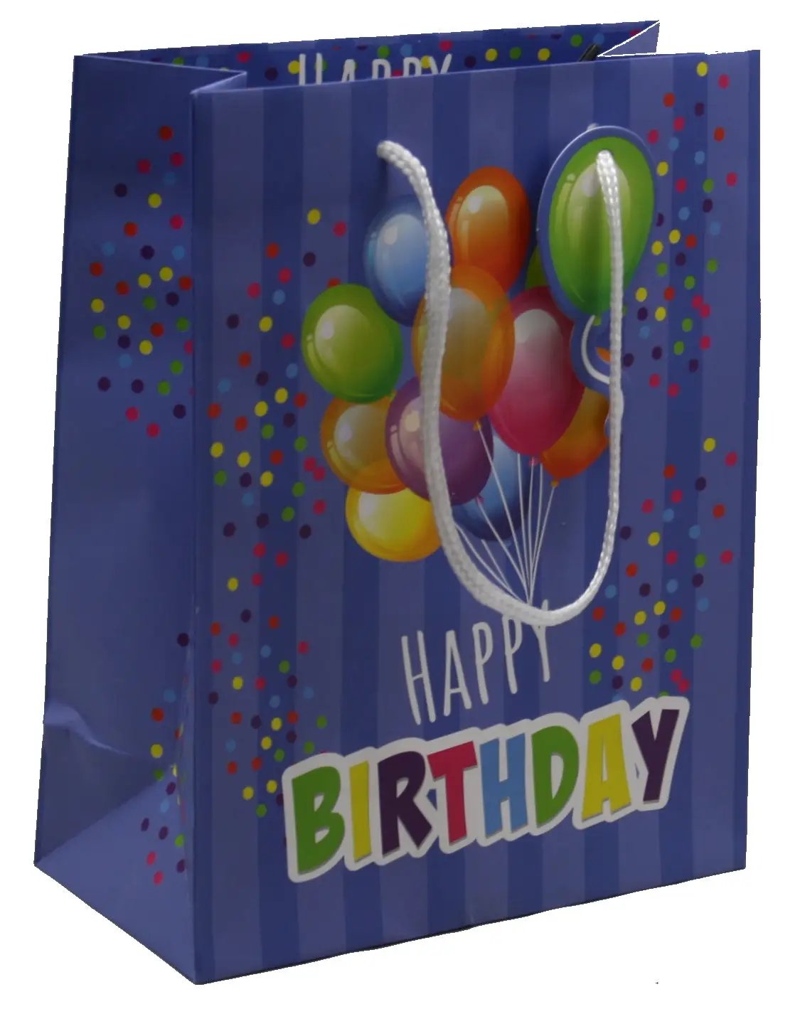 Blue three-piece birthday gift bag with colorful balloons and confetti, white rope handles on Tampa Home & Garden Store