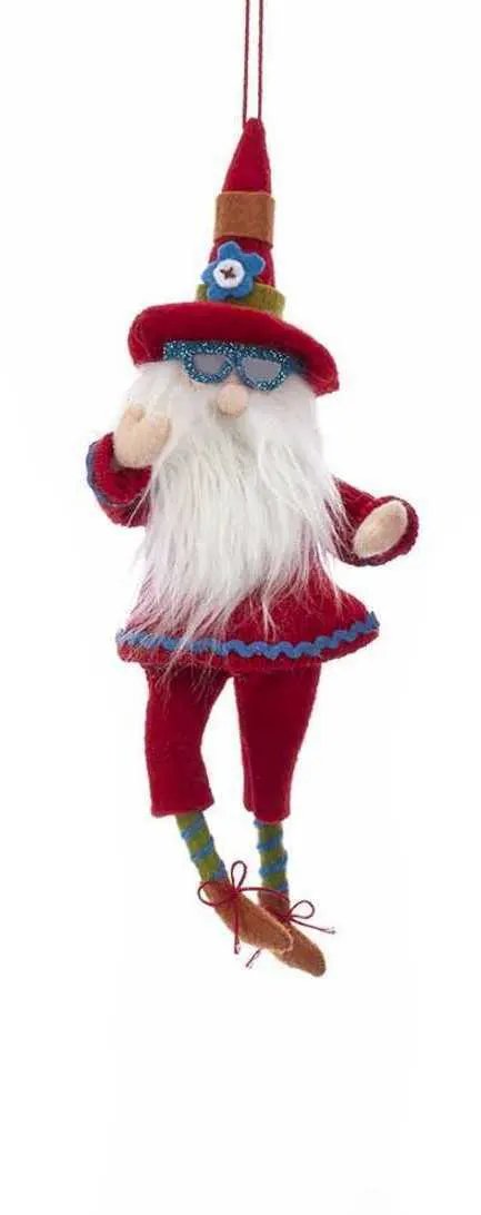 Gnome Wearing Sunglasses Ornament Red with blue trim, hanging holiday decor on Tampa Home & Garden Store
