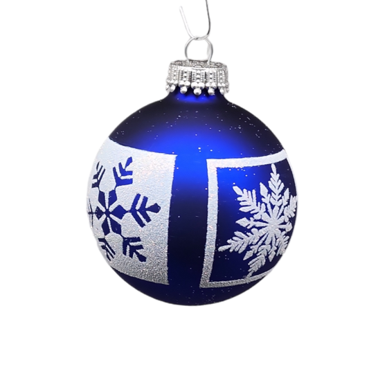 Boules de verre Krebs Value, lot de 4 - Flocons de neige à paillettes blanches sur fond bleu foncé