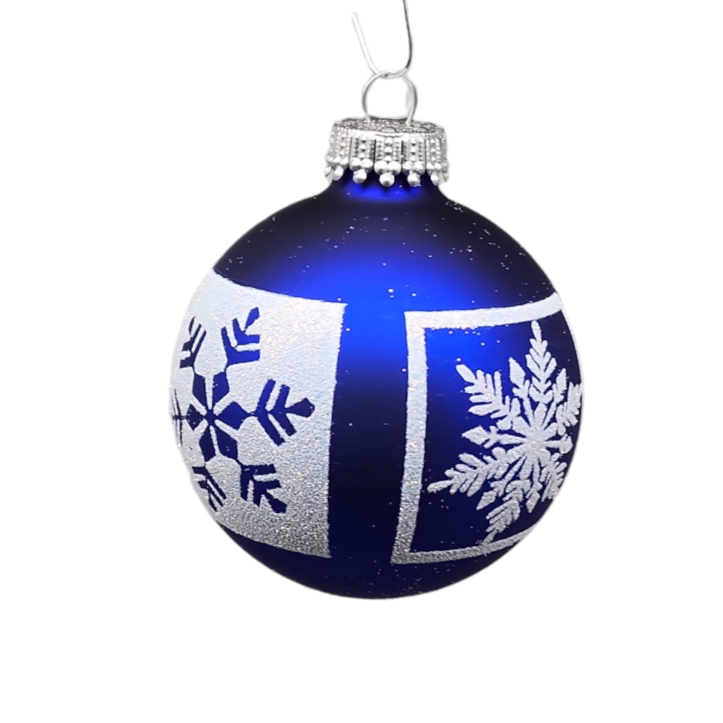 Blue Snowflakes Glass Ball Ornament 4 Pack with white glitter snowflakes on cobalt blue glass on Tampa Home & Garden Store