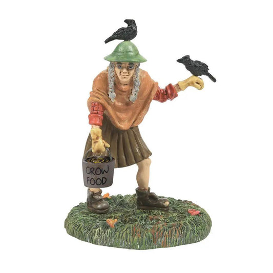 Crow Hag figurine polyresin birdseed base with green hat and shawl bucket labeled CROW FOOD on Tampa Home & Garden Store