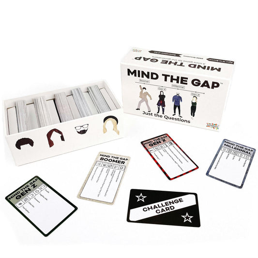 Mind the Gap Just the Questions Expansion card game with Gen X Gen Z Boomer cards on Tampa Home & Garden Store