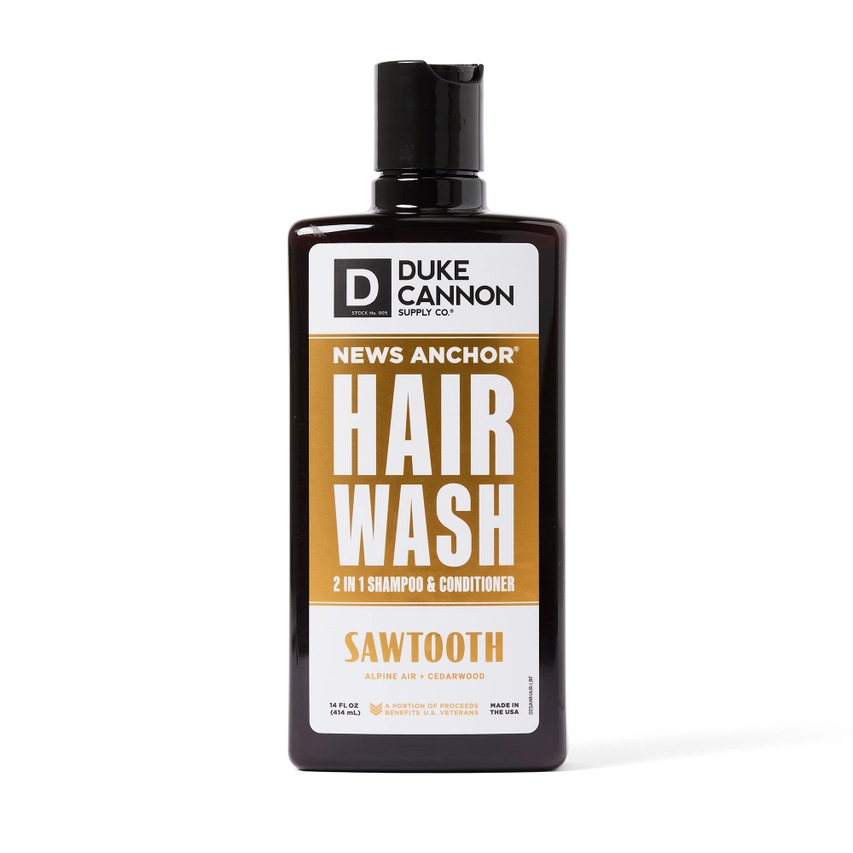 Hair Wash Sawtooth 2 in 1 by Duke Cannon, brown bottle with gold label on Tampa Home & Garden Store