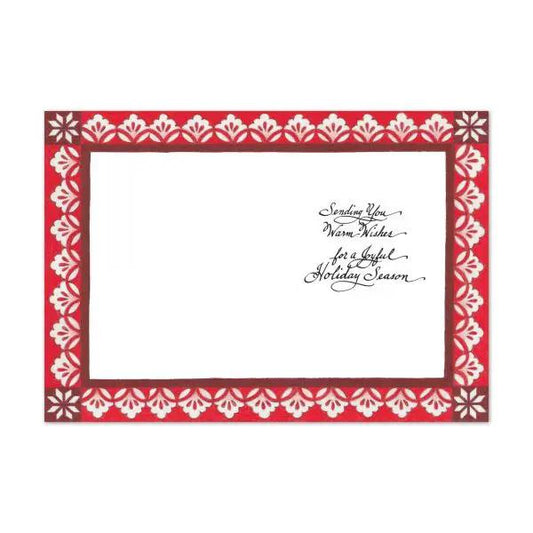 Nutcracker Holiday Card Set by Jim Shore; red border frames white card with scripted greeting on Tampa Home & Garden Store