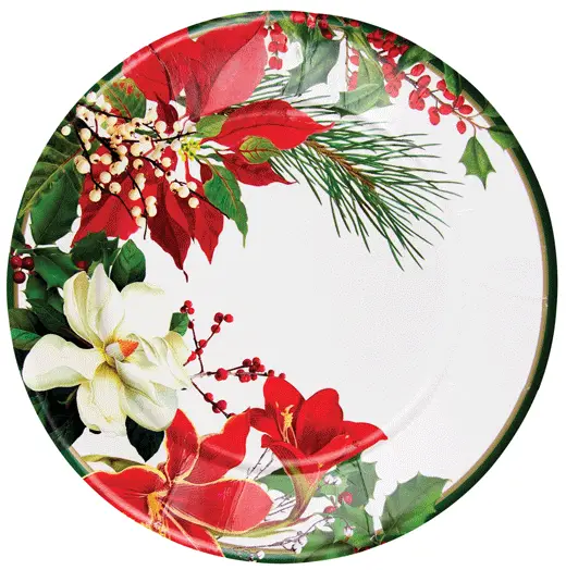 Caspari Christmas Garden plates with white center, red holly, green foliage, gold rim on Tampa Home & Garden Store