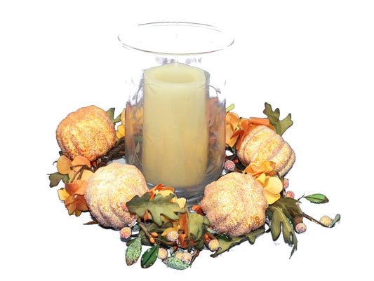 Led Pillar Candle with Changeable Rings ivory LED pillar in a glass hurricane with autumn wreath on Tampa Home & Garden Store