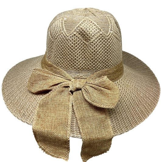 Burlap ribbon sun hat with beige woven straw and bow detail on Tampa Home & Garden Store