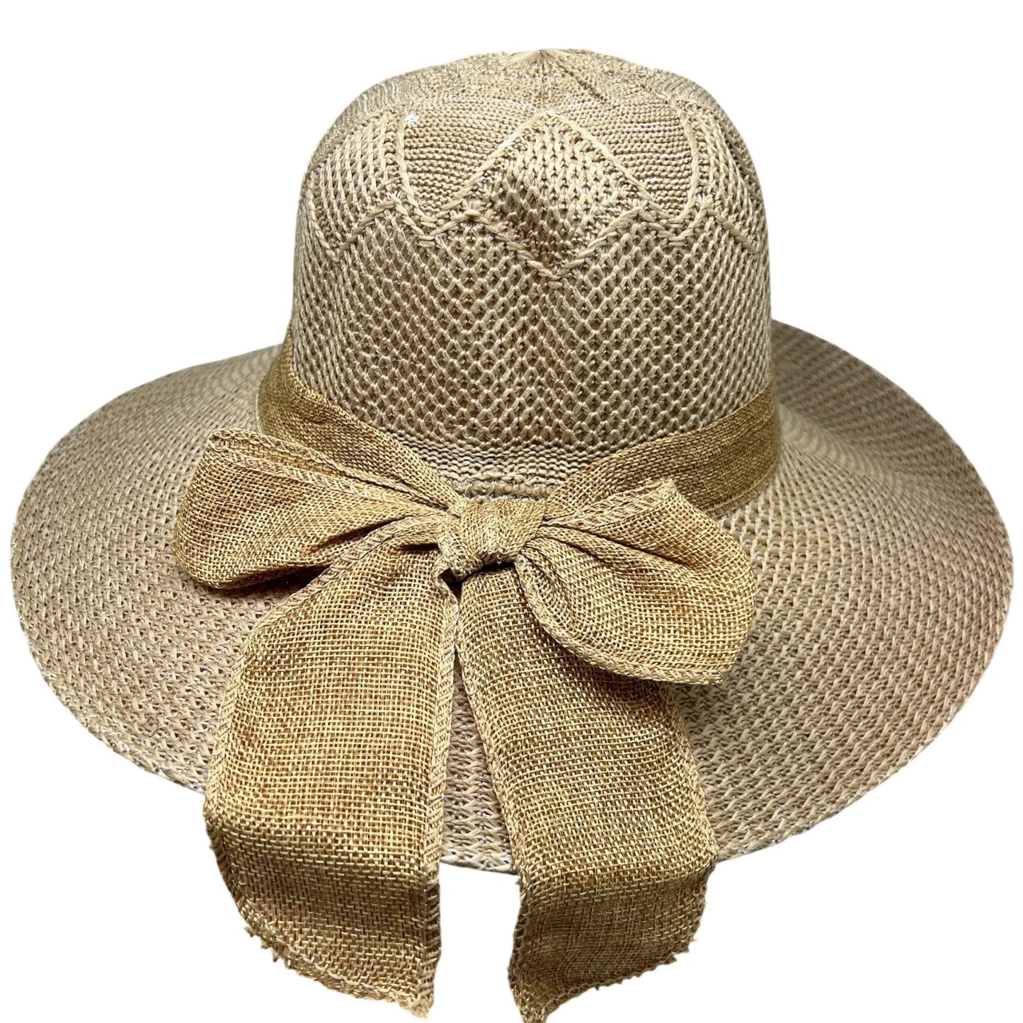 Burlap ribbon sun hat with beige woven straw and bow detail on Tampa Home & Garden Store