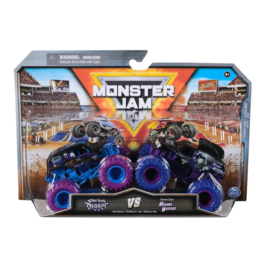 Monster Jam 1:64 die-cast 2-pack Son-Uva Digger vs Mohawk Warrior with blue purple wheels on Tampa Home & Garden Store