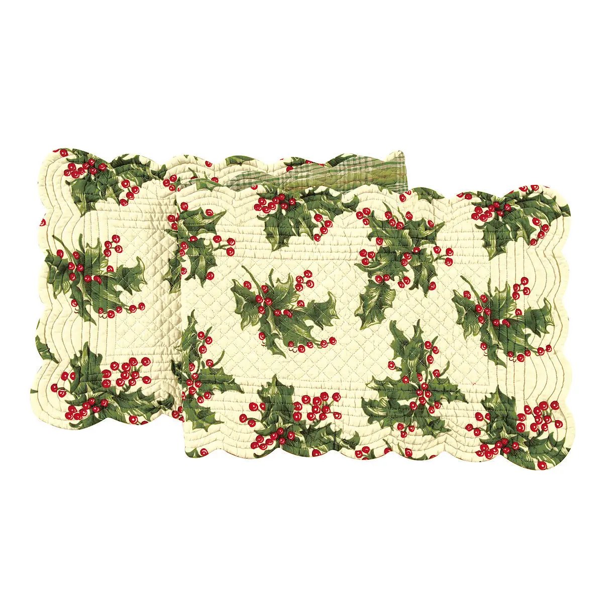 Holly Cream Runner 14x51 in quilted table runner with holly and red berries scalloped edges on Tampa Home & Garden Store