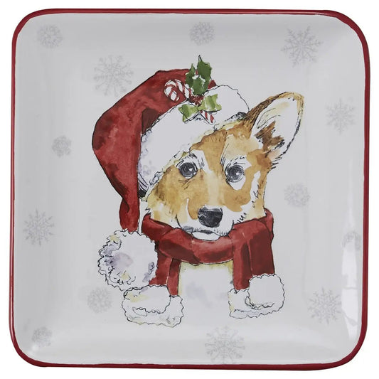 Holiday Paws Salad and Dessert Plate with a corgi in Santa hat and scarf, red border on Tampa Home & Garden Store