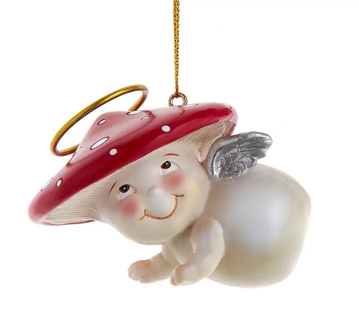 Merry Little Mushroom Angel Ornament Flying, red cap, golden halo, silver wings on Tampa Home & Garden Store