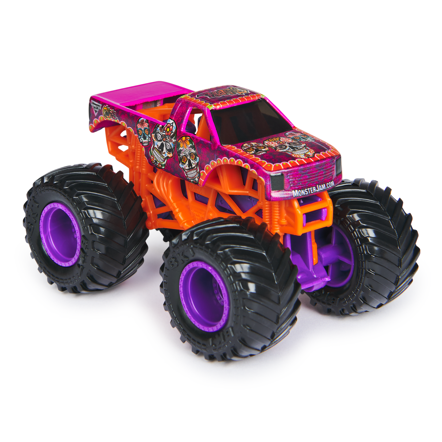 Monster Mutt vs Calavera 1:64 die-cast monster truck set with pink body, skull decals, wheels on Tampa Home & Garden Store
