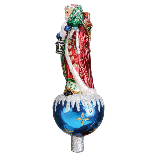 Father Christmas Tree Topper Glass Ornament; Santa in red robe on blue globe on Tampa Home & Garden Store