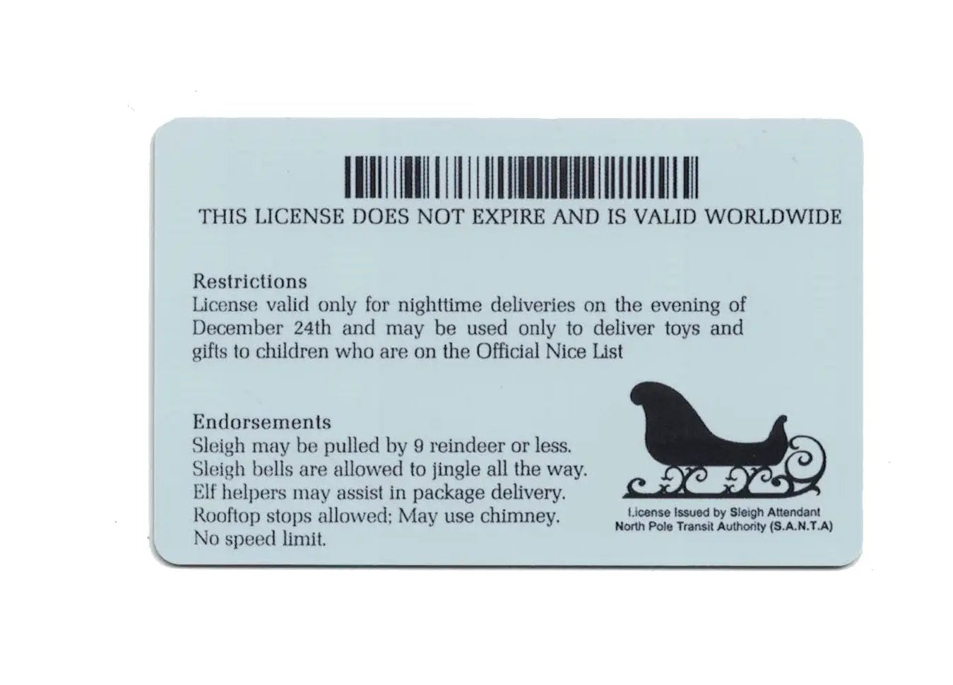 Santa Claus Driver's License replica card, blue novelty license with barcode for Christmas decor on Tampa Home & Garden Store