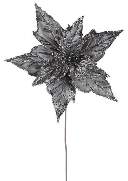 Metallic poinsettia stem pewter and silver with glittered leaves on Tampa Home & Garden Store