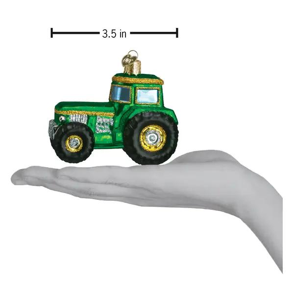Green Tractor Glass Ornament with Accents, gold glitter detailing, 3.5 in on Tampa Home & Garden Store
