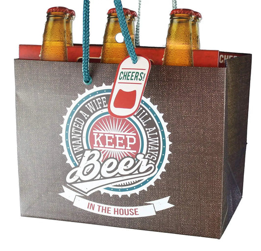 Heavyweight gift bag for 6-pack beer gifts with Keep Beer design by The Country Christmas Loft on Tampa Home & Garden Store